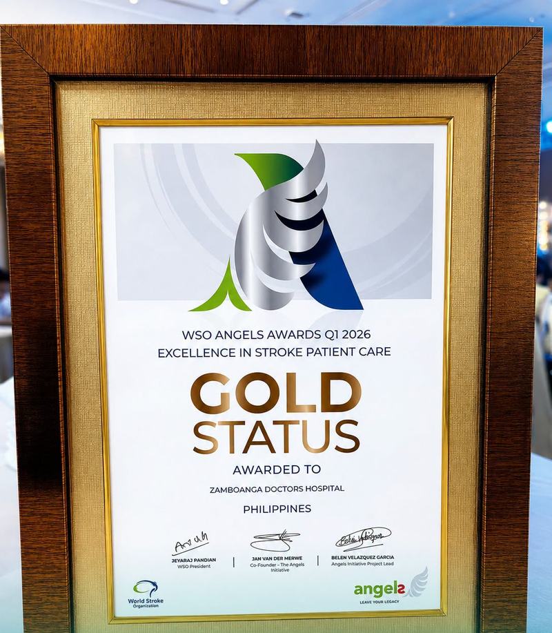 The WSO Angels Awards Gold Status certificate for excellence in stroke patient care, awarded to Zamboanga Doctors' Hospital.